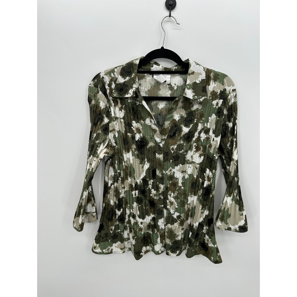 Clichy Women XL Green Abstract Camo Plisse Pleated Button Down Bell Sleeve Top